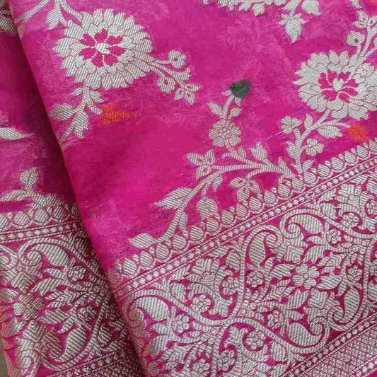 MAGENTA PINK MEENAKARI FLORAL JAAL KHADDI GEORGETTE BANARASI SAREE