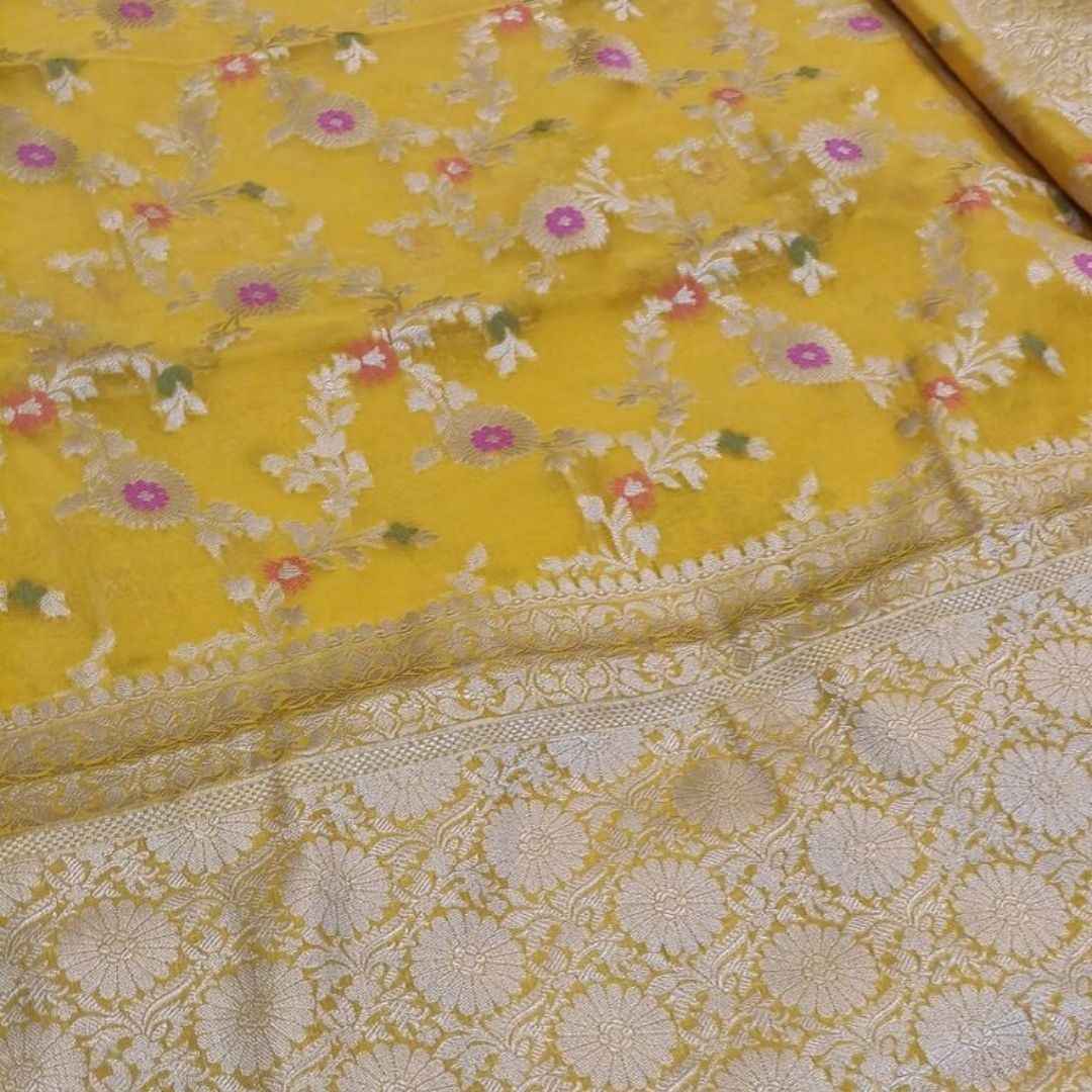 YELLOW MEENAKARI FLORAL JAAL KHADDI GEORGETTE BANARASI SAREE