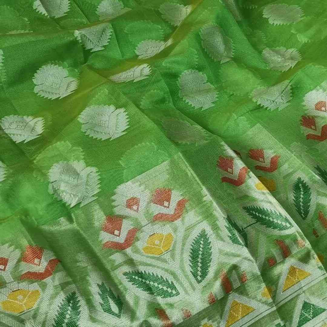 GREEN MOTIFS BANARASI KORA SILK SAREE