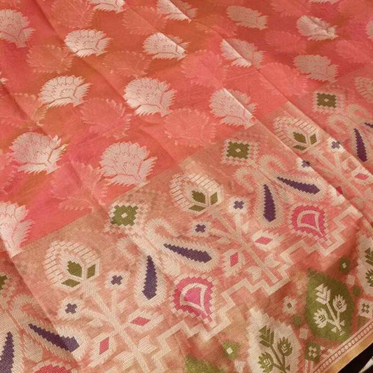 ORANGE PINK MOTIFS BANARASI KORA SILK SAREE