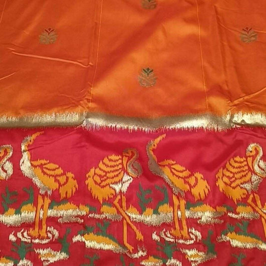 GOLDEN YELLOW ORANGE CRANE SEQUIN BANARASI KATAN SILK SAREE