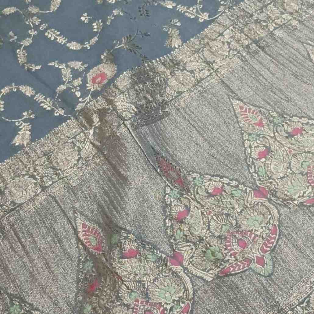 GREY MEENAKARI FLORAL JAAL PURE BANARASI KHADDI GEORGETTE SAREE