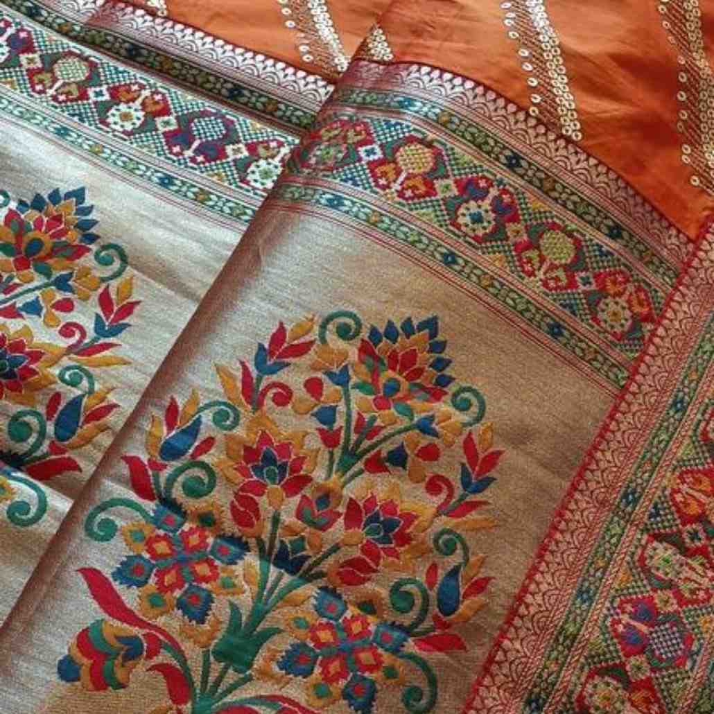 ORANGE LEHARIYA SEQUIN BANARASI KATAN SILK SAREE
