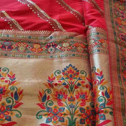 RED LEHARIYA SEQUIN BANARASI KATAN SILK SAREE