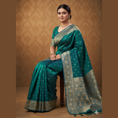 PEACOCK BLUE FLORAL TANCHUI BUTI BANARASI KATAN SILK SAREE
