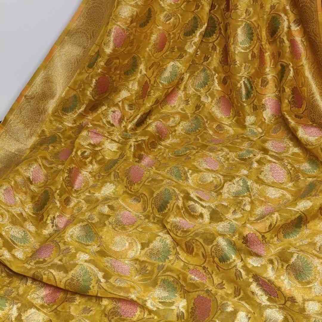 YELLOW MEENAKARI FLORAL JAAL PARTY BANARASI ORGANZA SAREE