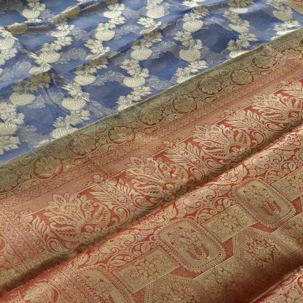 GREY LEHARIYA CONTRAST BORDER BANARASI ORGANZA SAREE