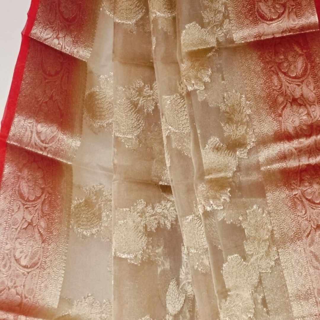 OFF WHITE LEHARIYA CONTRAST BORDER BANARASI ORGANZA SAREE