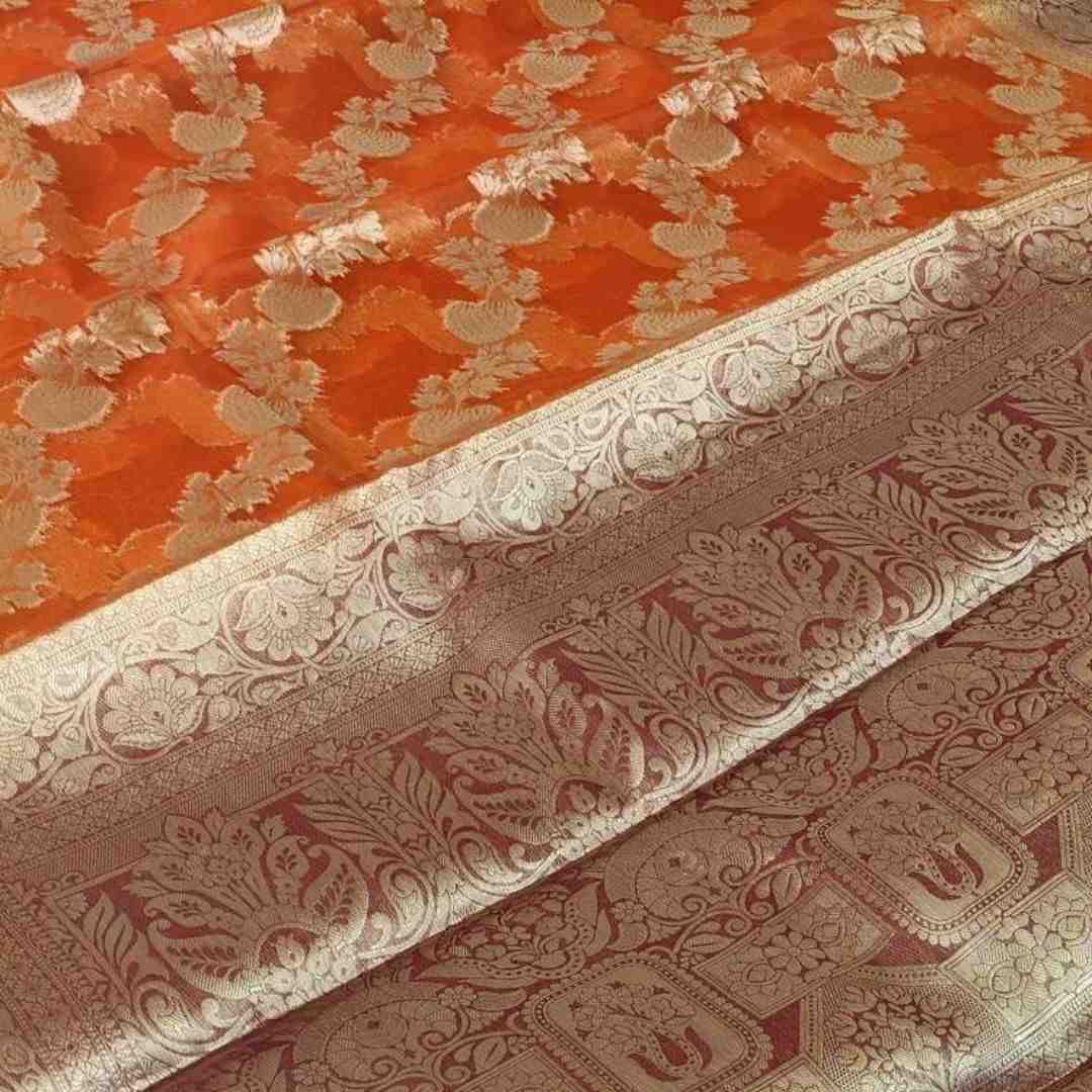 ORANGE LEHARIYA CONTRAST BORDER BANARASI ORGANZA SAREE