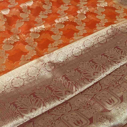 ORANGE LEHARIYA CONTRAST BORDER BANARASI ORGANZA SAREE