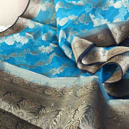 SEA BLUE LEHARIYA CONTRAST BORDER BANARASI ORGANZA SAREE
