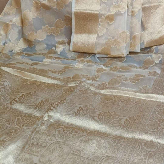 OFF WHITE LEHARIYA SAME BORDER BANARASI ORGANZA SAREE