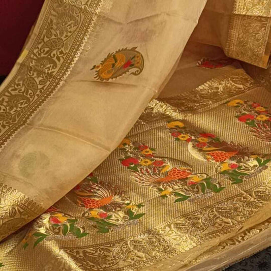 CREAM SIMPLE MANGO MOTIFS BANARASI ORGANZA SAREE