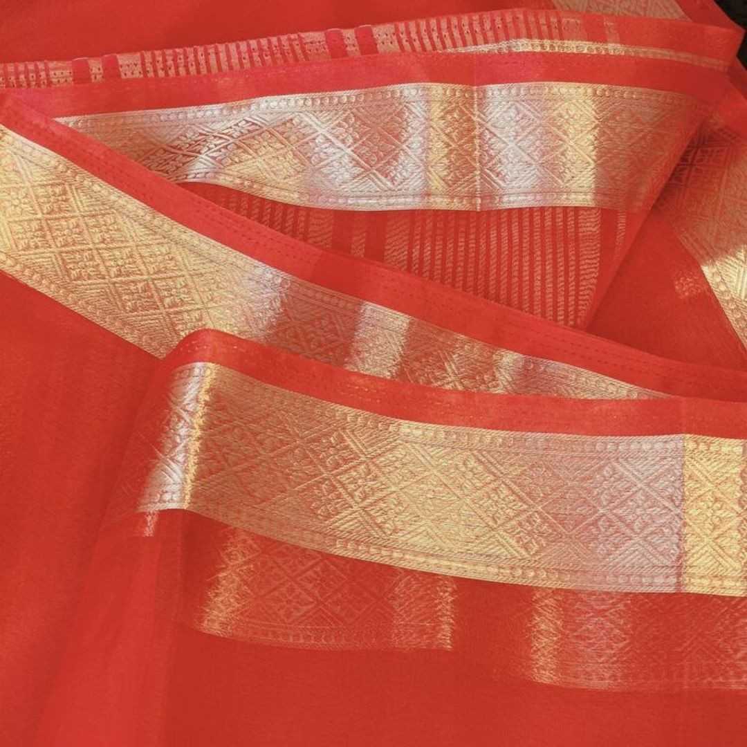 RED PLAIN BANARASI ORGANZA SAREE