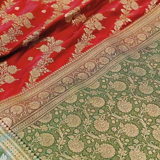 RED ZIG ZAG LEHARIYA BANARASI SATIN SILK SAREE