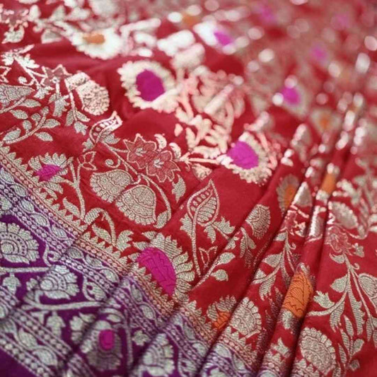 RED MEENAKARI FLORAL JAAL BANARASI SOFT SILK SAREE