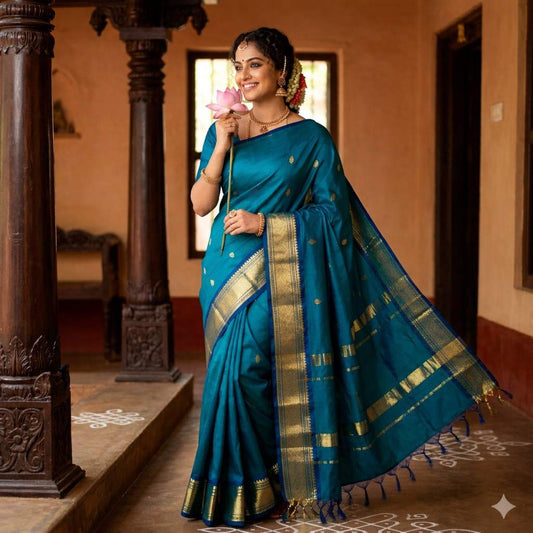 Pure Handloom Purple Thirubhuvanam Silk Saree - Peacock Blue