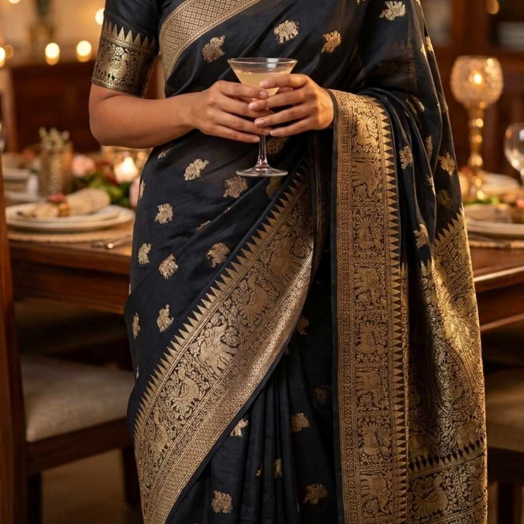 Woman in a traditional saree holding a glass in a decorated indoor setting