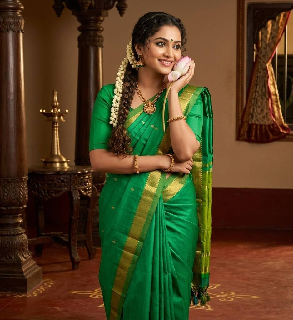 Woman in a green saree with gold accents in an ornate room.