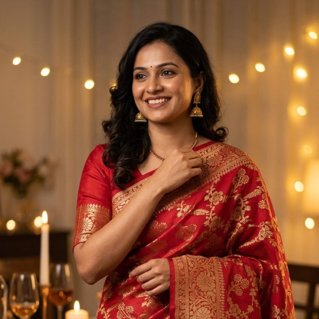 Woman in a red saree with gold patterns smiling in a softly lit room.