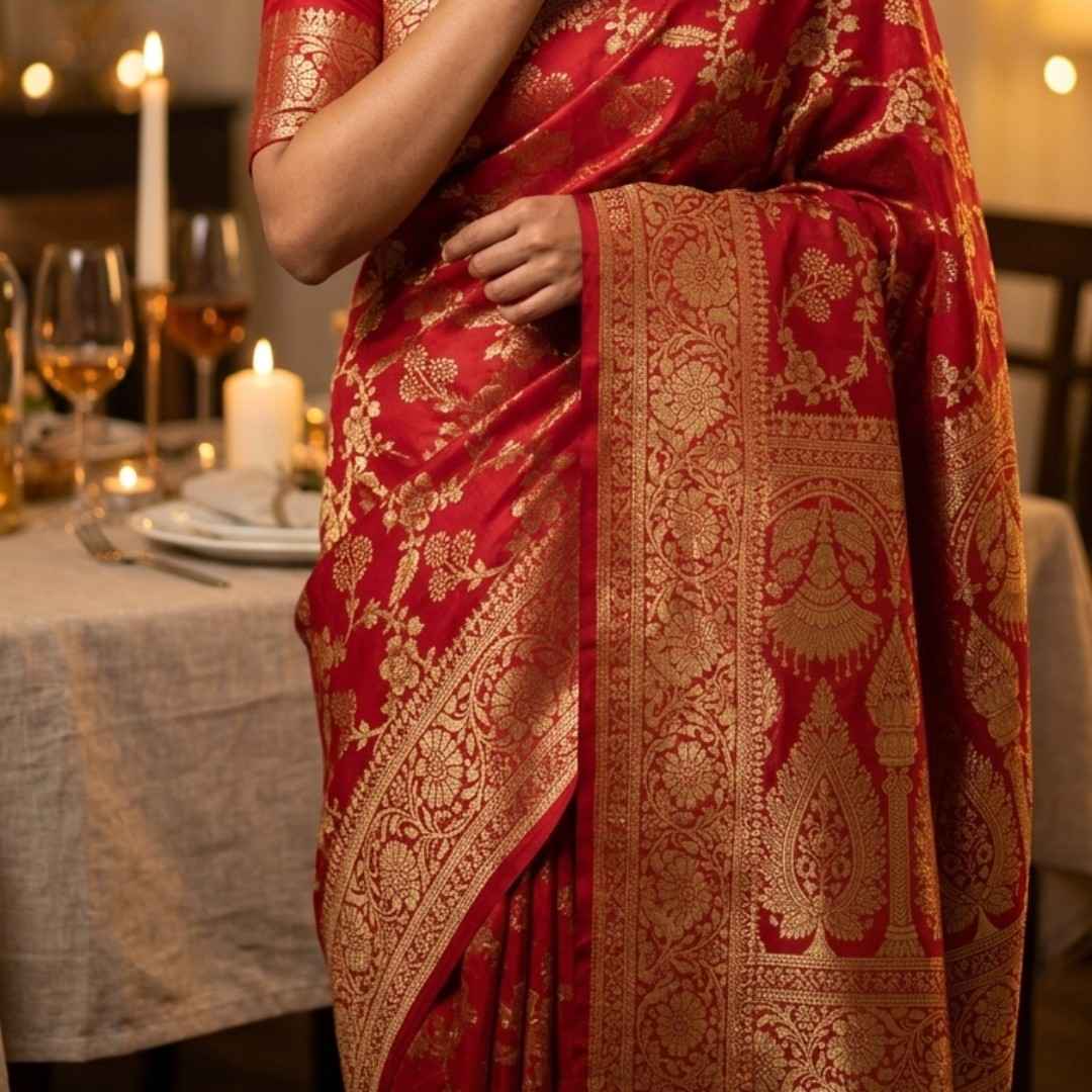 Woman in a red saree with gold patterns standing in a decorated indoor setting.