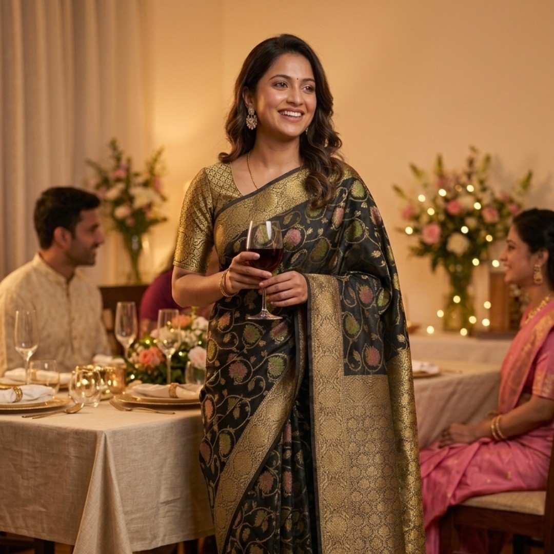 Woman in a traditional saree holding a glass of wine at a formal event.