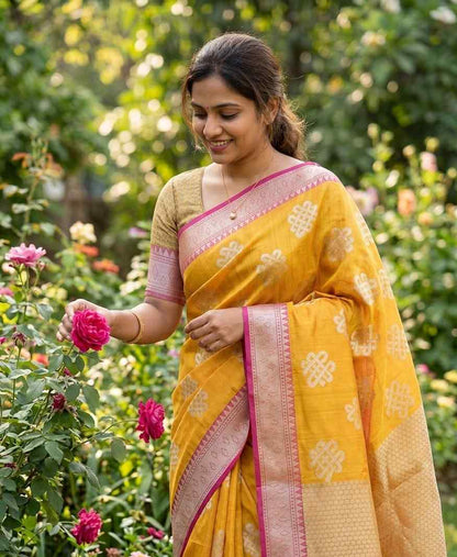 YELLOW RANGOLI BANARASI COTTON WEAVE SAREE