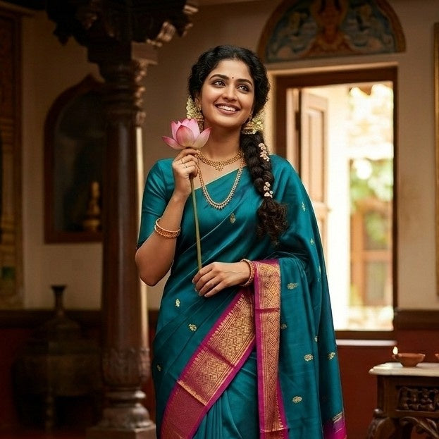 Pure Handloom Rama Green korvai Thirubhuvanam Silk Saree
