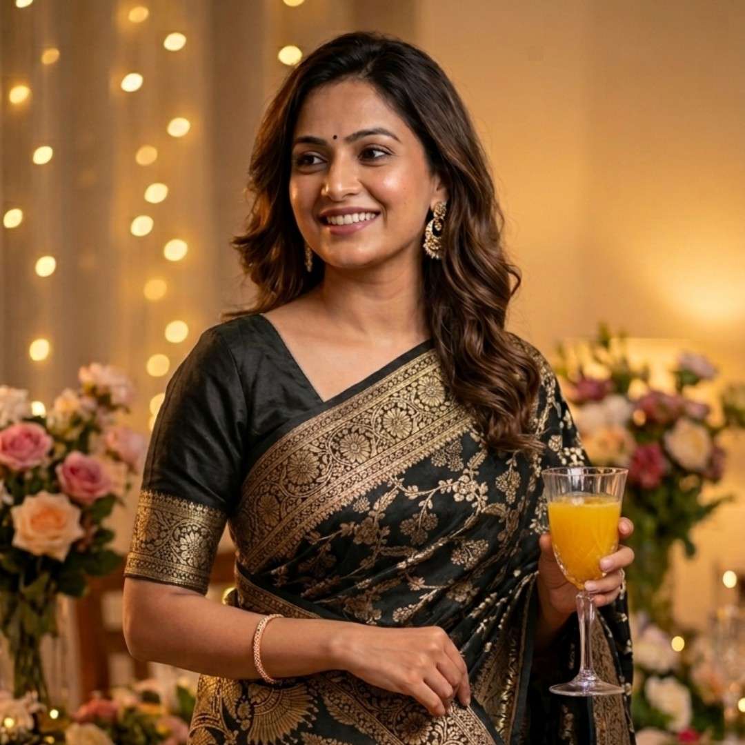 Woman in a black and gold saree holding a glass of orange juice with floral decorations and lights in the background