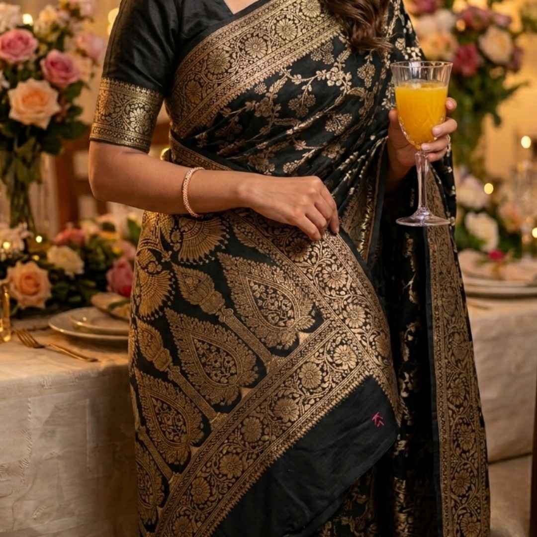 Woman in a black and gold saree holding a cocktail at a decorated event.