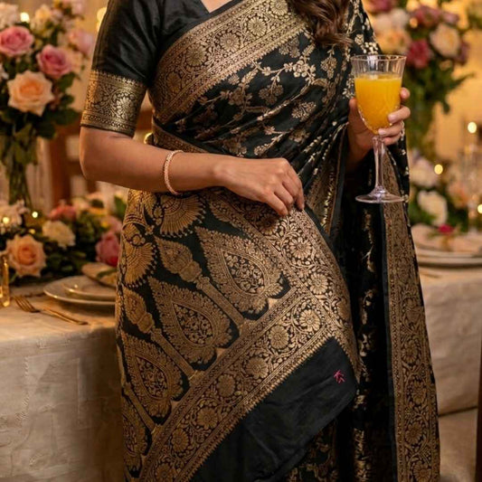 Woman in a black and gold saree holding a cocktail at a decorated event.