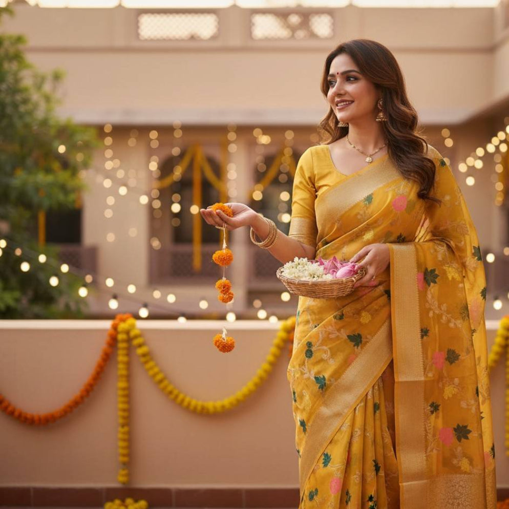 Woman in a yellow saree holding a basket of flowers in an outdoor setting with decorations.