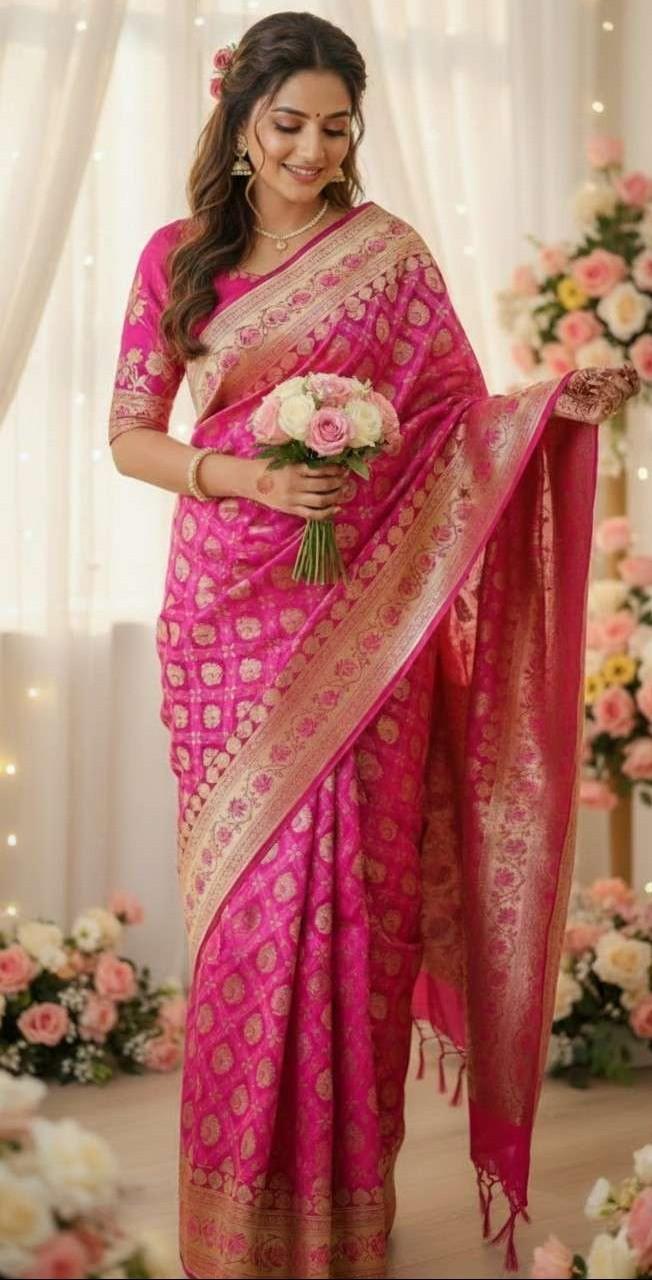 Woman in a bright pink saree with floral decorations in the background