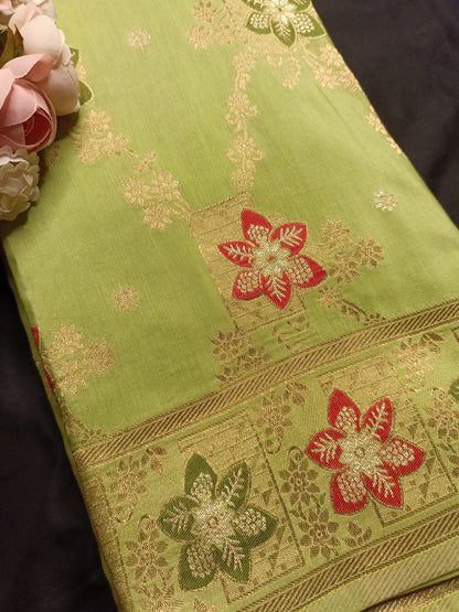 LIGHT GREEN BOX FLORAL JAAL MEENA BANARASI VISCOSE SAREE