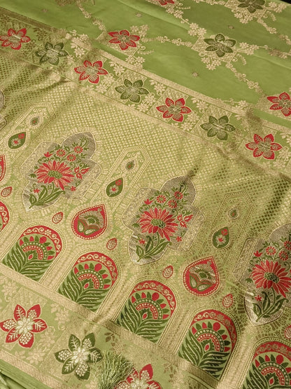 LIGHT GREEN BOX FLORAL JAAL MEENA BANARASI VISCOSE SAREE