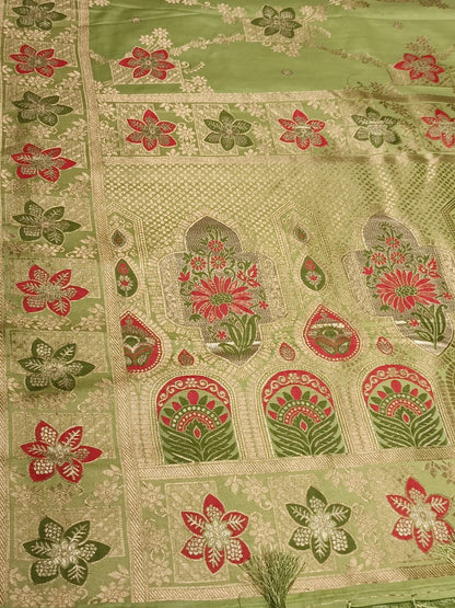 LIGHT GREEN BOX FLORAL JAAL MEENA BANARASI VISCOSE SAREE