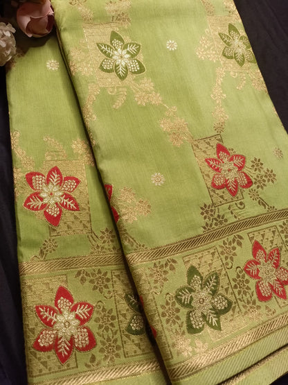 LIGHT GREEN BOX FLORAL JAAL MEENA BANARASI VISCOSE SAREE