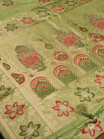 LIGHT GREEN BOX FLORAL JAAL MEENA BANARASI VISCOSE SAREE