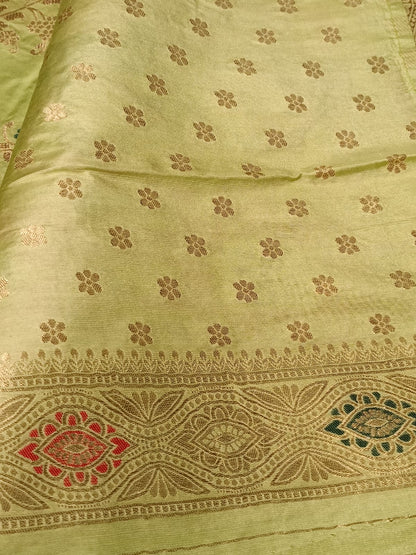 LIGHT GREEN FLORAL JAAL BANARASI VISCOSE SAREE