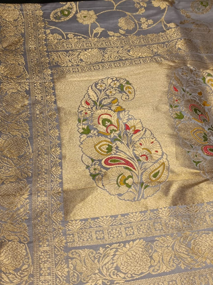 GREY FLORAL JAAL MEENA BANARASI VISCOSE SAREE