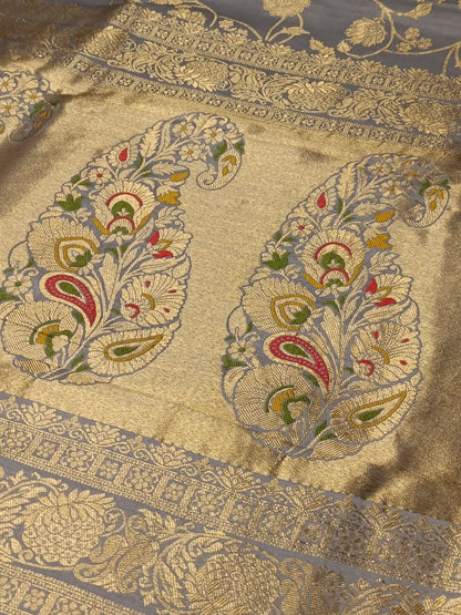 GREY FLORAL JAAL MEENA BANARASI VISCOSE SAREE