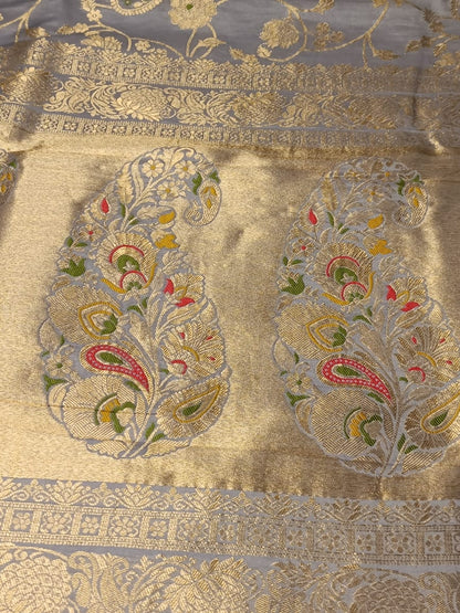 GREY FLORAL JAAL MEENA BANARASI VISCOSE SAREE