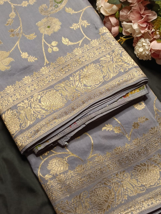 GREY FLORAL JAAL MEENA BANARASI VISCOSE SAREE