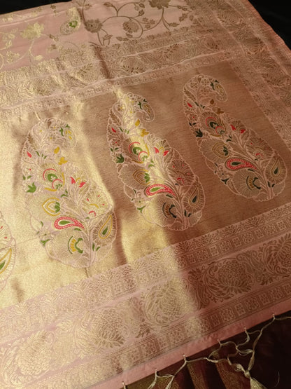 BABY PINK FLORAL JAAL MEENA BANARASI VISCOSE SAREE