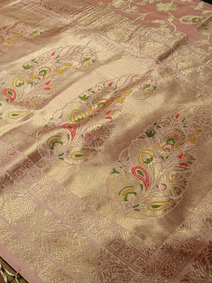 BABY PINK FLORAL JAAL MEENA BANARASI VISCOSE SAREE
