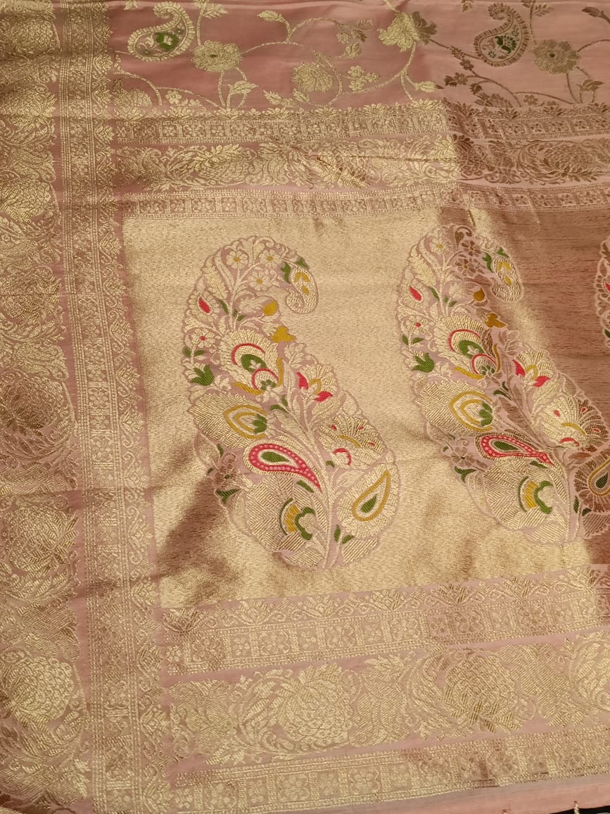 BABY PINK FLORAL JAAL MEENA BANARASI VISCOSE SAREE