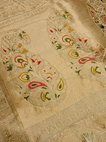 OFF WHITE FLORAL JAAL MEENA BANARASI VISCOSE SAREE