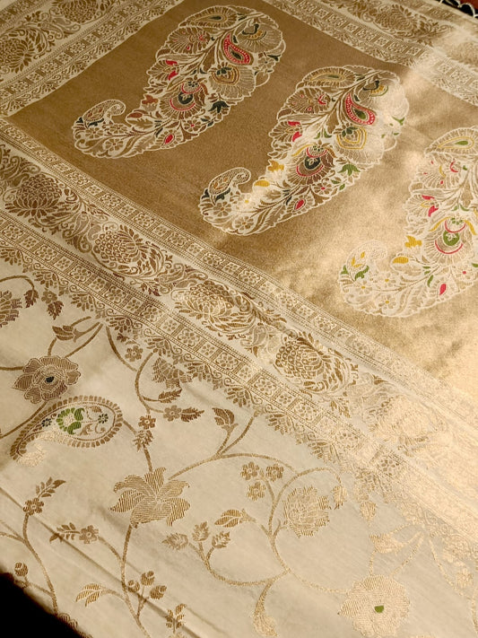 OFF WHITE FLORAL JAAL MEENA BANARASI VISCOSE SAREE