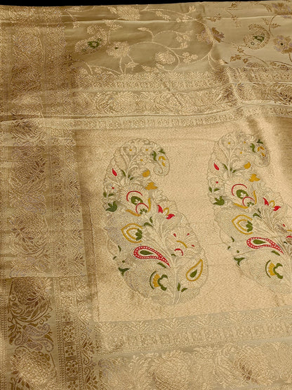 OFF WHITE FLORAL JAAL MEENA BANARASI VISCOSE SAREE