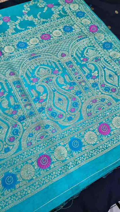 GREEN PANCH MEENA BANARASI SEMI SILK SAREE